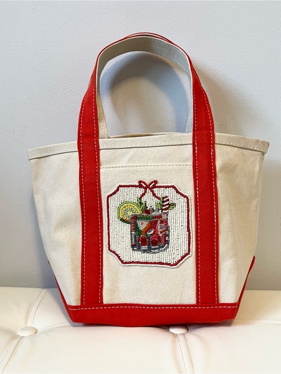 Anthropologie Handbags - Anthropologie Cream Canvas Tote with Red Trim and Beaded Cocktail Patch